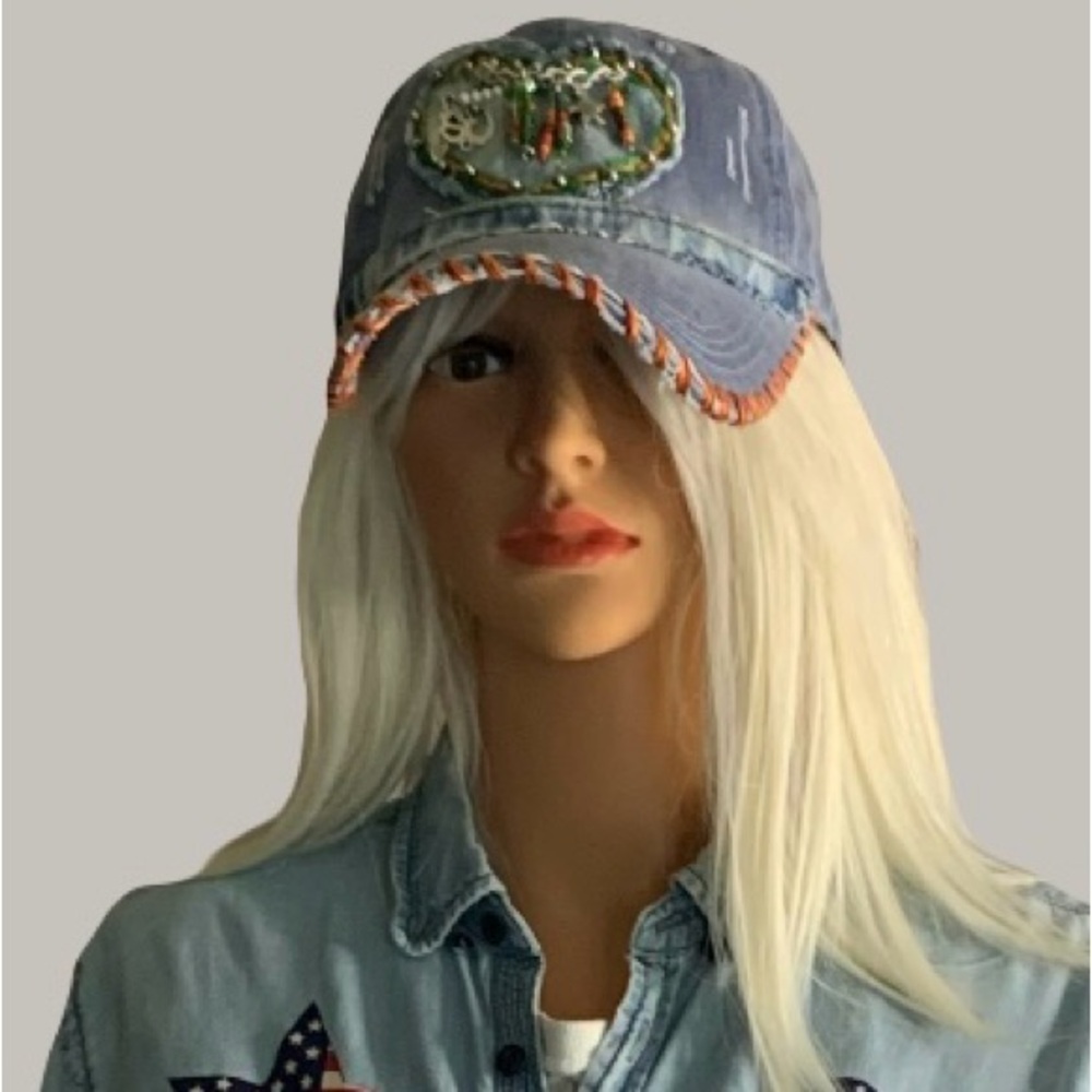 Denim Blue and Orange Hat with Vibrant Accents